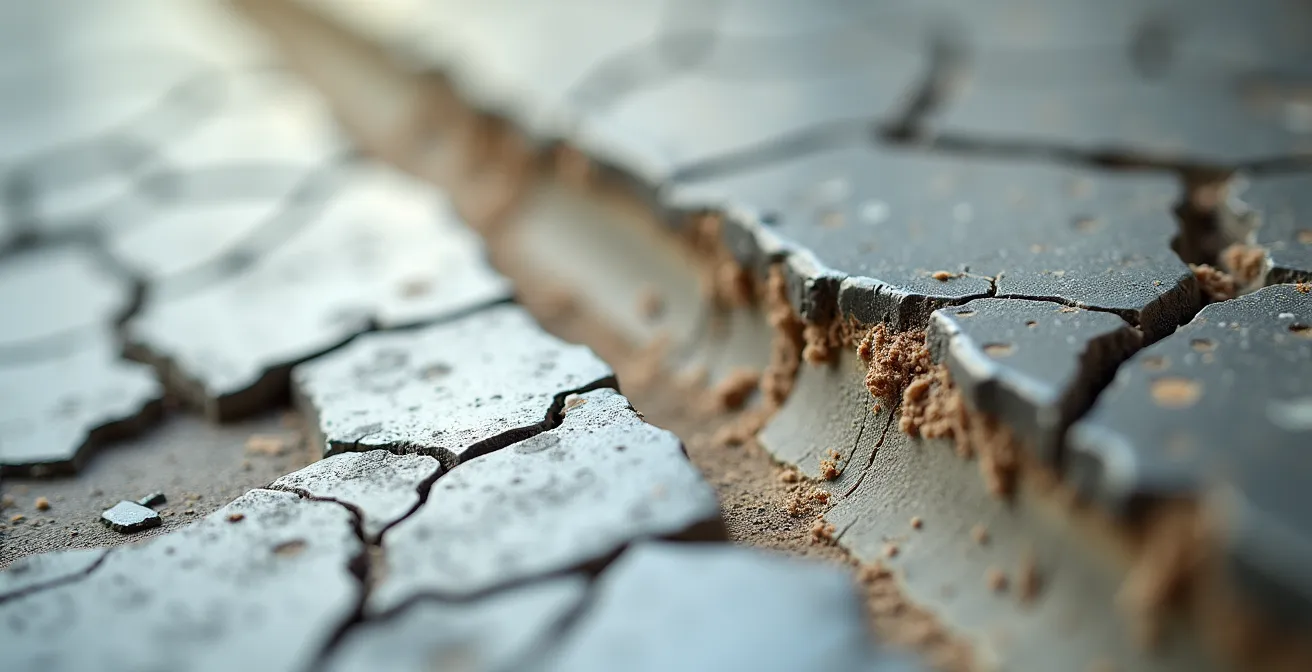 Vue macro détaillée d'une fissure dans un joint de calfeutrage montrant la texture dégradée