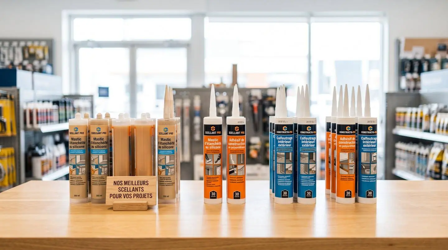 Cartouches de scellants silicone et polyuréthane disposées sur comptoir professionnel avec étiquetage technique en français