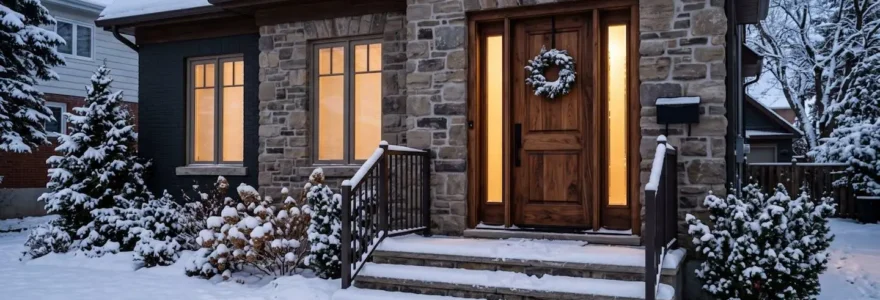 Façade de maison québécoise avec porte d'entrée en bois massif, neige sur les marches, lumière chaleureuse filtrant par les panneaux vitrés