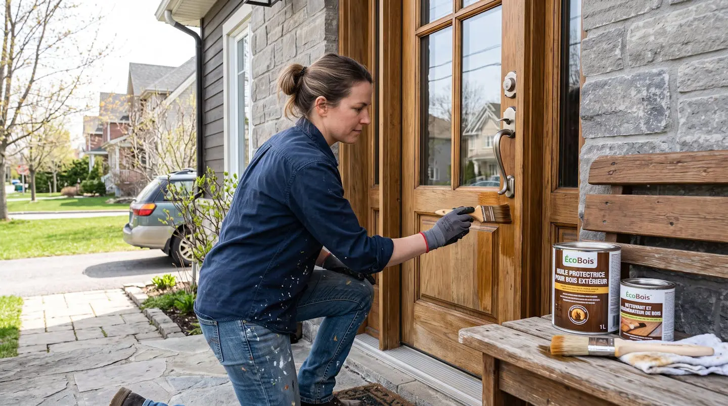 Propriétaire appliquant un traitement protecteur sur sa porte en bois avec pinceaux et produits d'entretien visibles