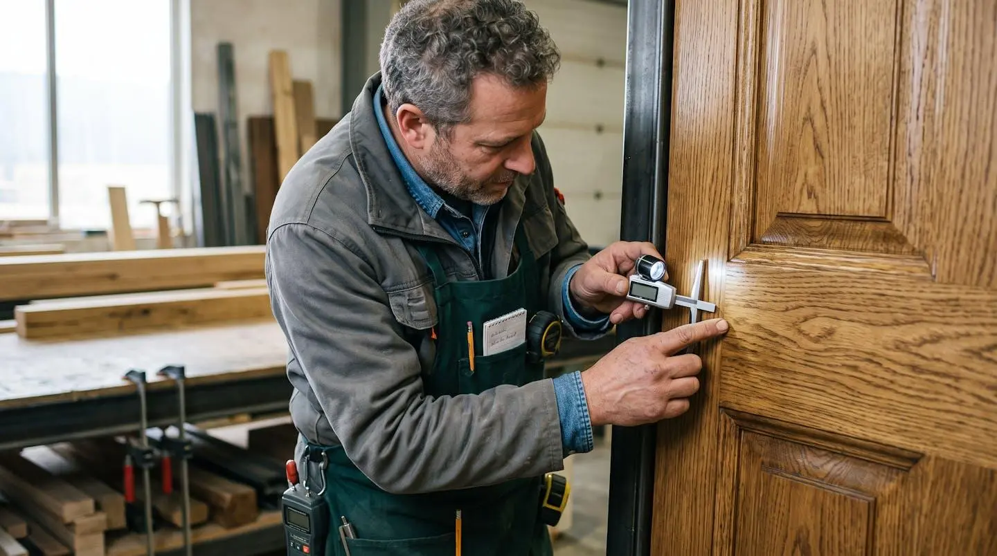 Technicien inspectant de près le grain et les traitements protecteurs d'une porte en bois avec outils professionnels