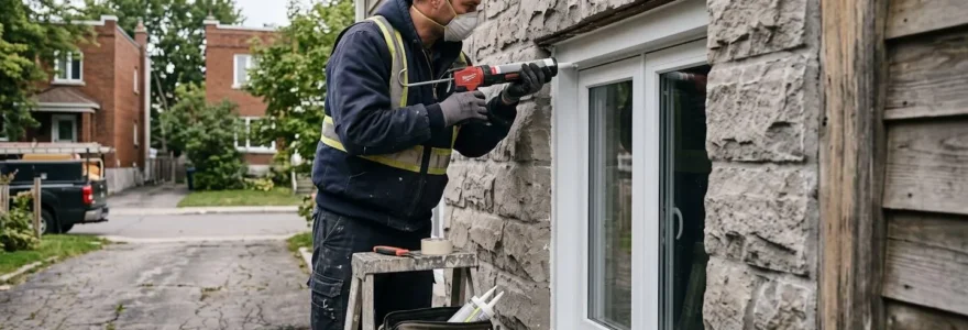 Technicien professionnel appliquant du scellant avec un pistolet à calfeutrer sur l'encadrement d'une fenêtre PVC dans une résidence québécoise